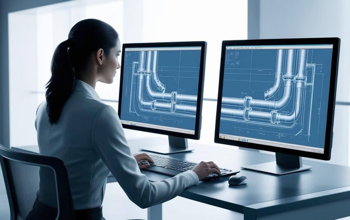 a female engineer with two screens showing a pipe layout