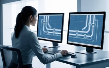 a female engineer with two screens showing a pipe layout