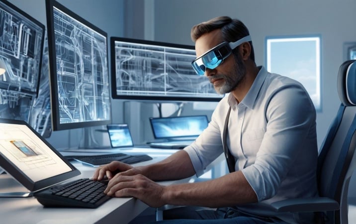 a man with VR glassses working on a desk with 3 screens