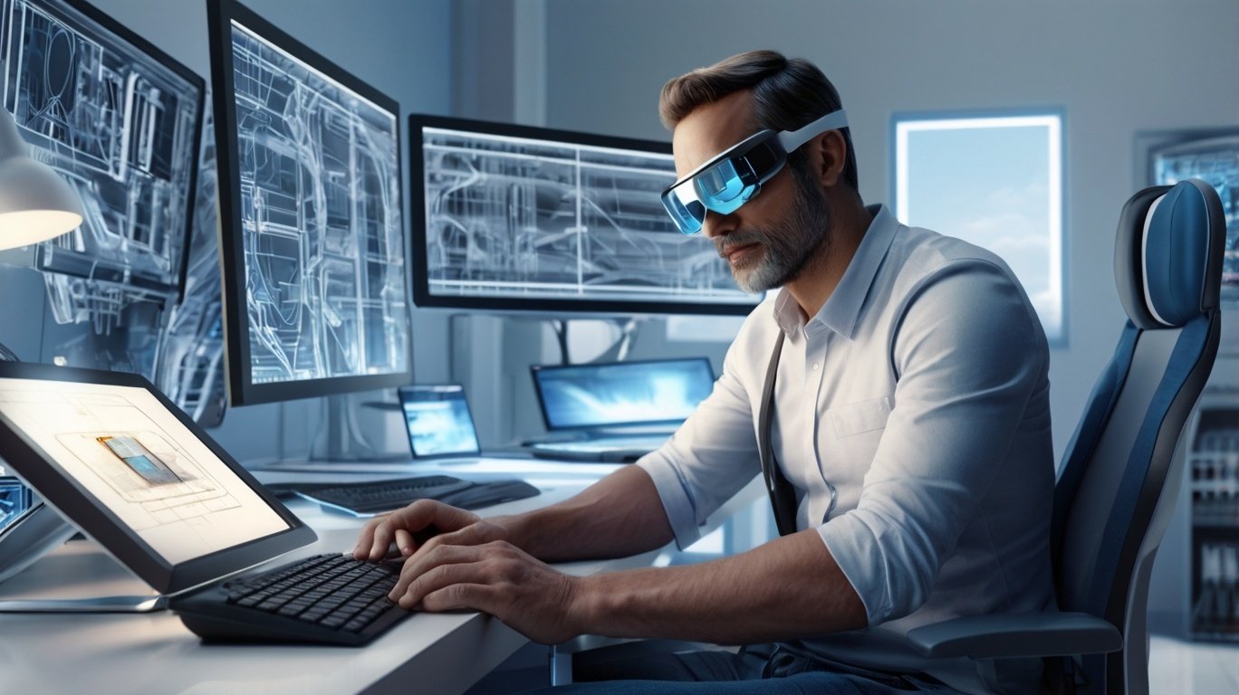 a man with VR glassses working on a desk with 3 screens